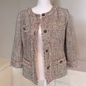 Talbots houndstooth raw edge pink and green textured woven blazer women’s sz 8